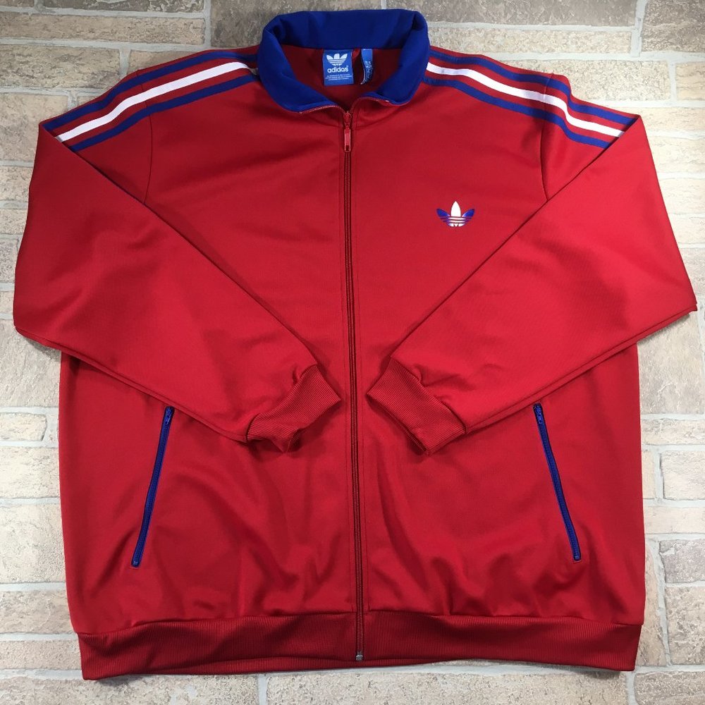adidas Blue/White Stripe Red Polyester Full Zip Training/Track Jacket Mens 3XL
